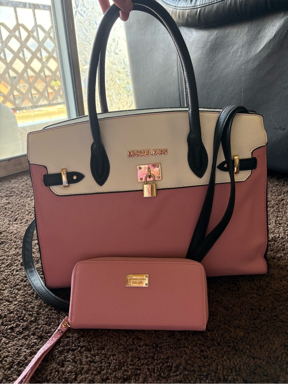 Michael Kors Pink, Cream and Black Leather Satchel with Matching Wallet